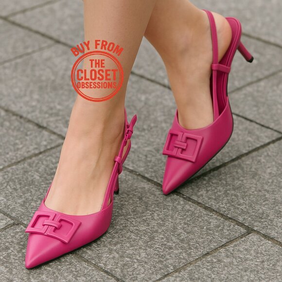 ZARA Leather Heels with Front Buckle NWT | Fuchsia Slingback Size 7.5 - Picture 2 of 16